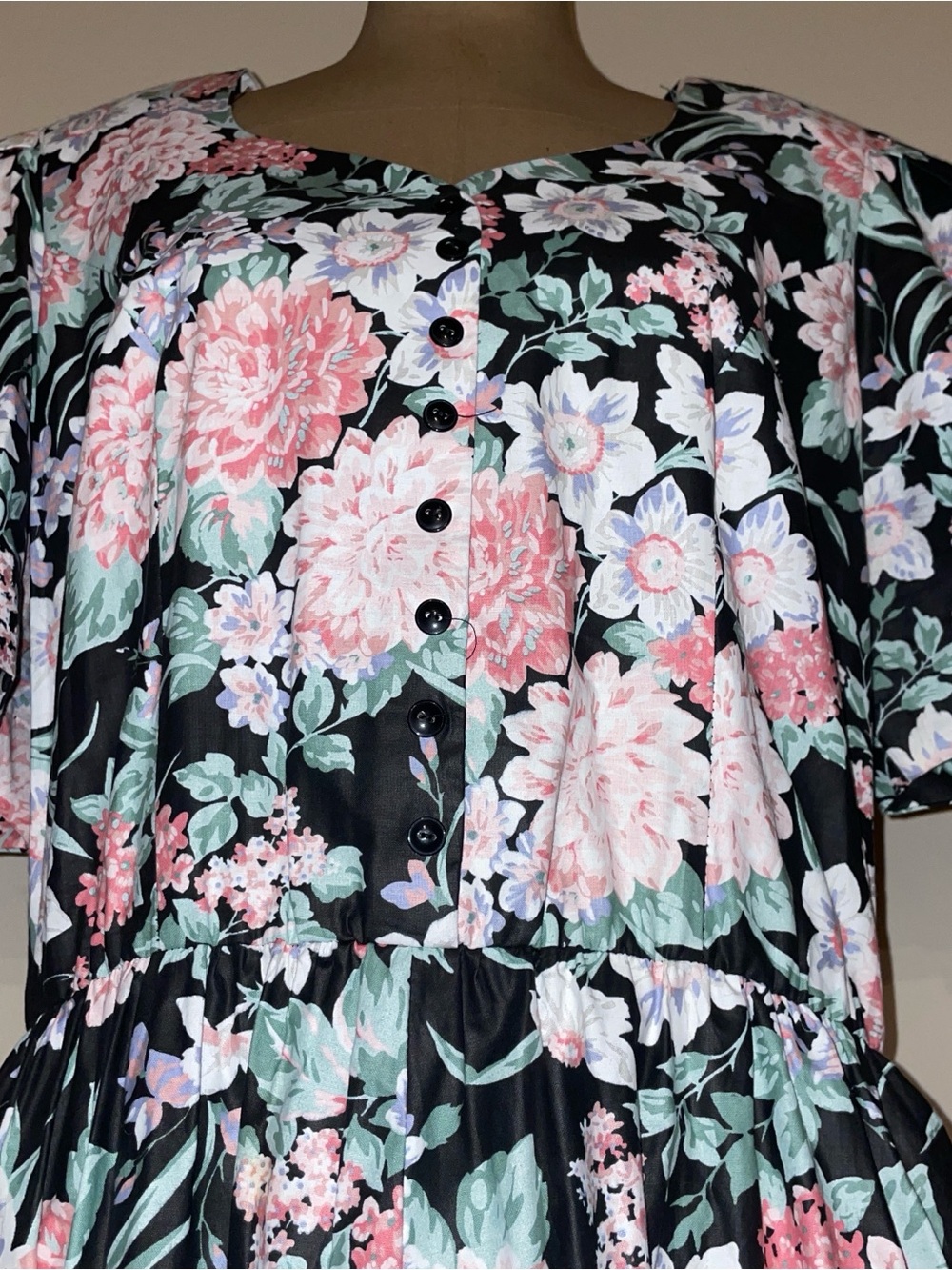 S.L. Fashions Black Maxi Dress with Pink & Mint Floral Print vintage - Picture 7 of 10